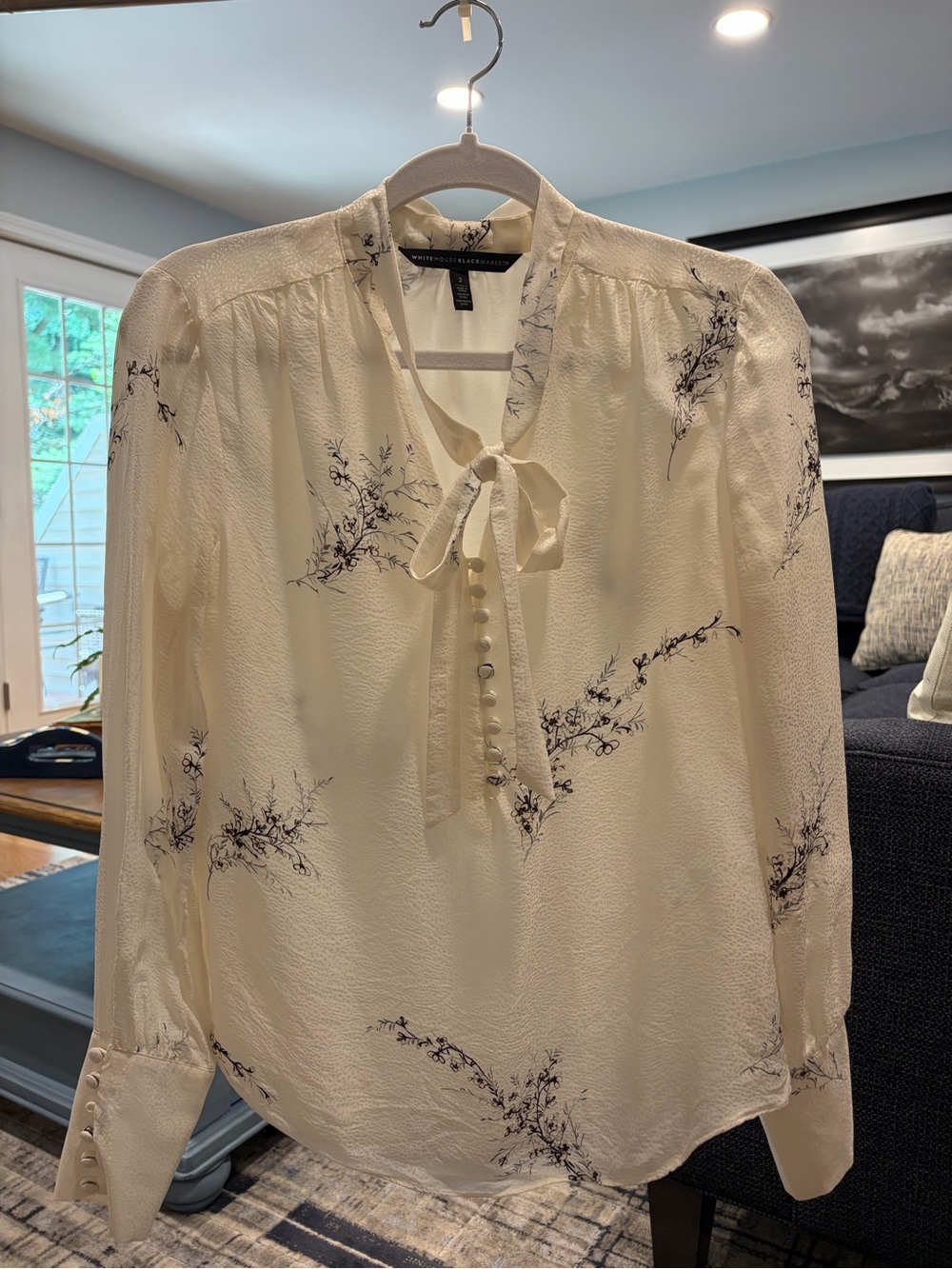 White House Black Market Ivory Tie-Neck Blouse with Navy Floral Print